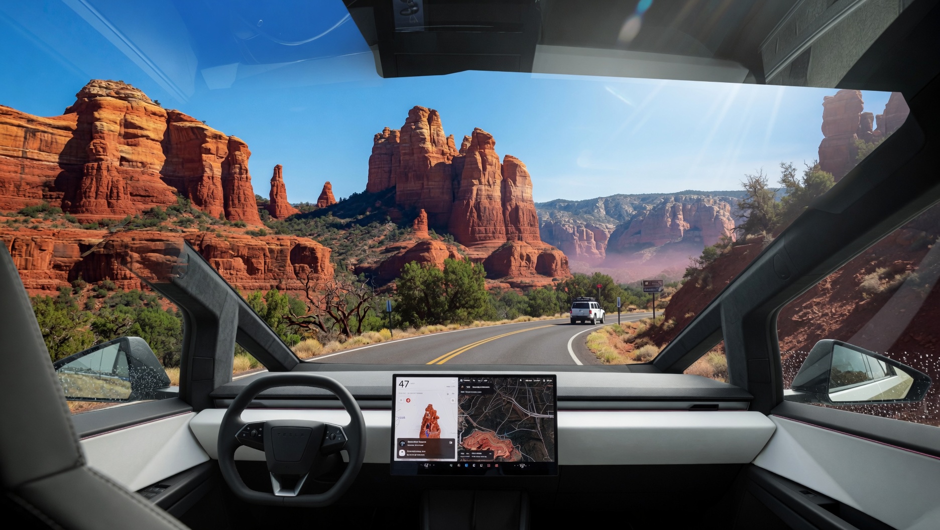 Cybertruck interior POV driving through Sedona red rocks