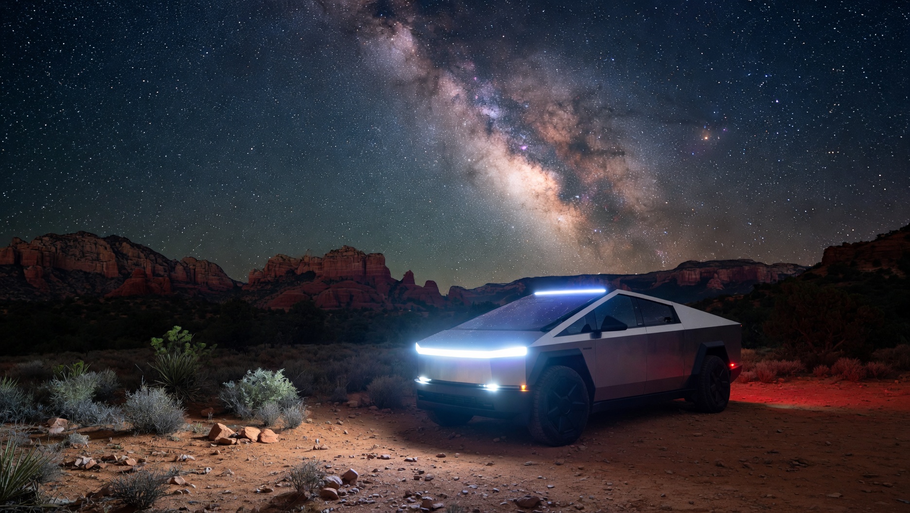 Cybertruck under the Milky Way, Sedona desert night sky