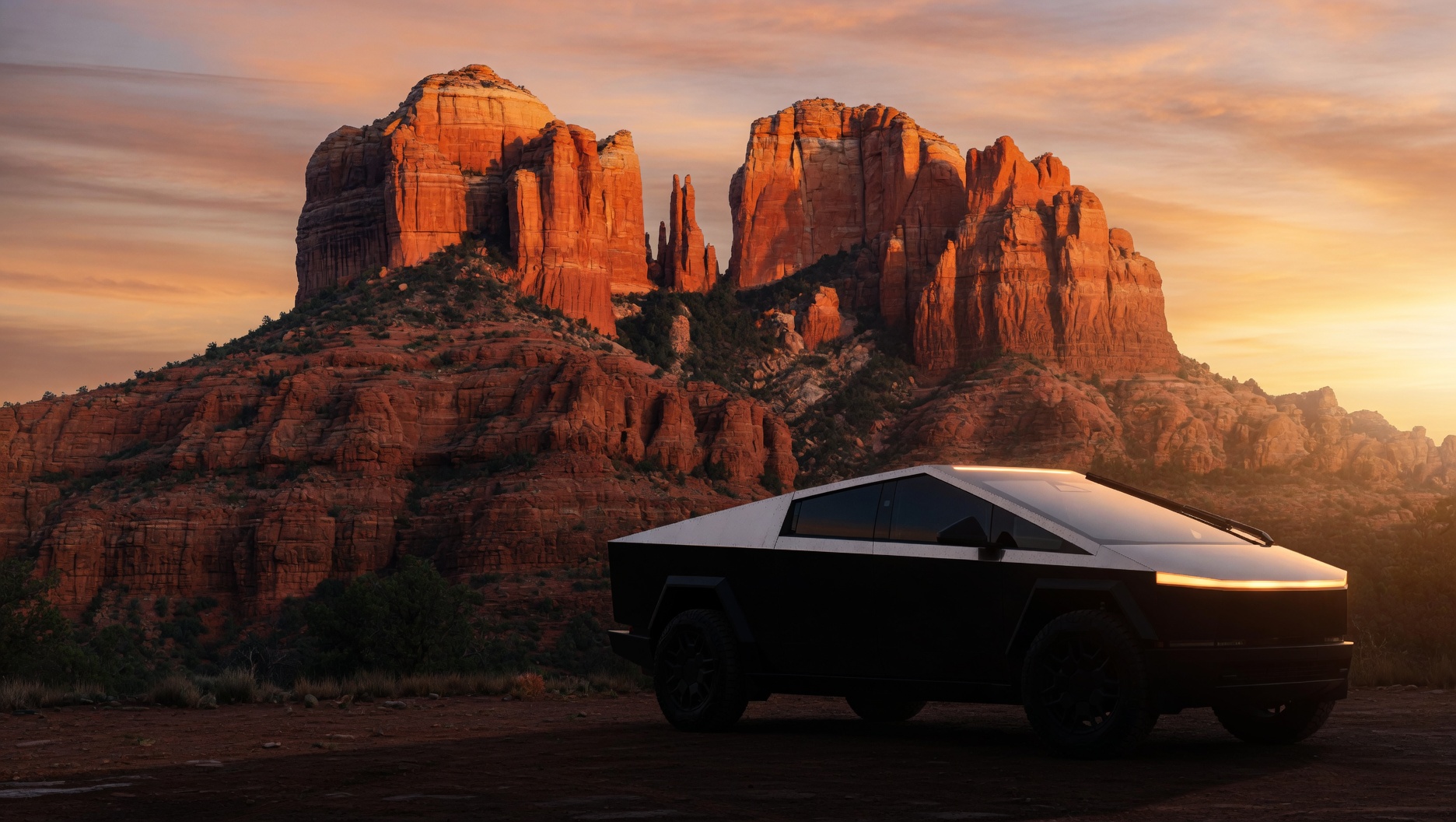 Cybertruck silhouette at sunset, Cathedral Rock buttes